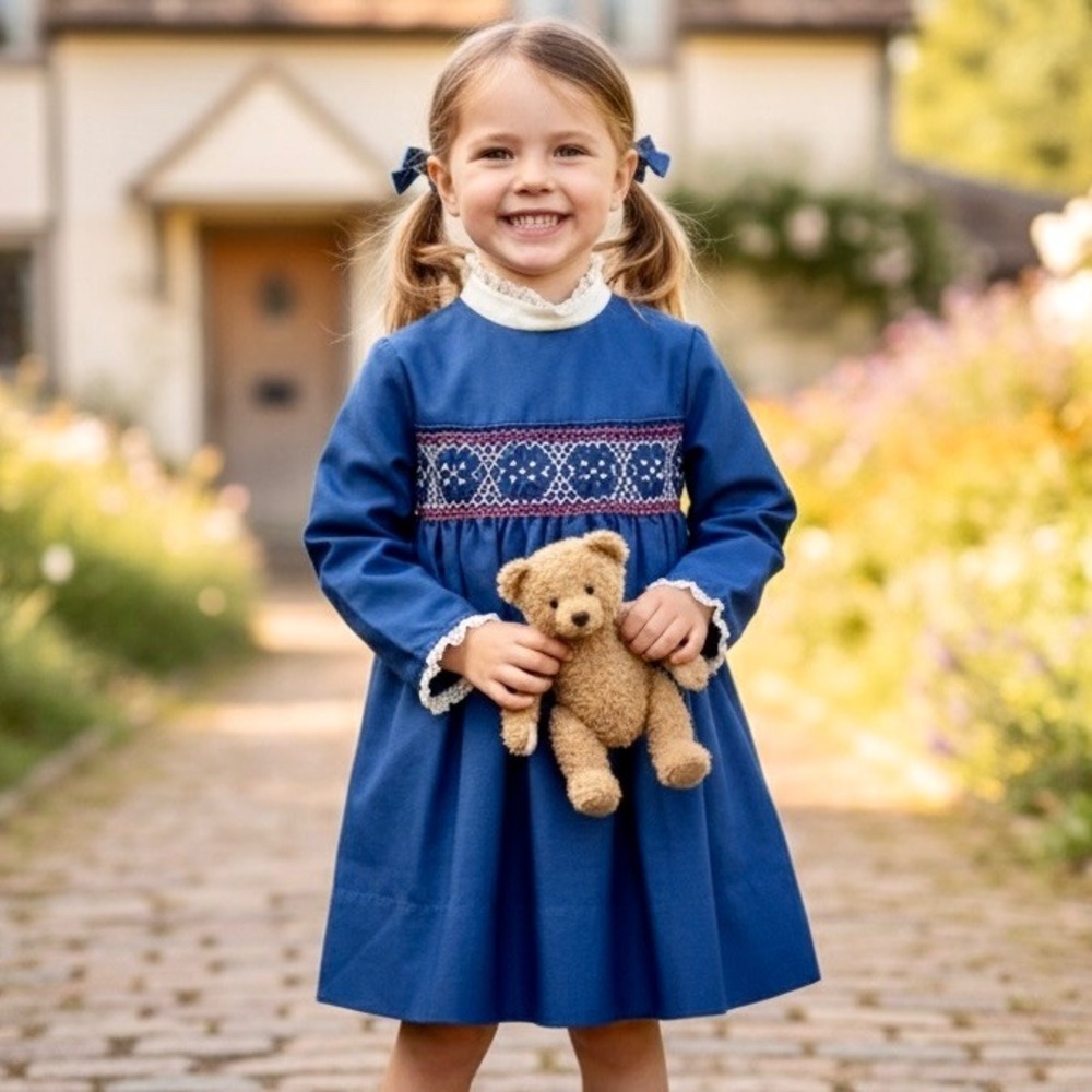 Girls' Blue Long-Sleeve Smocked Dress
